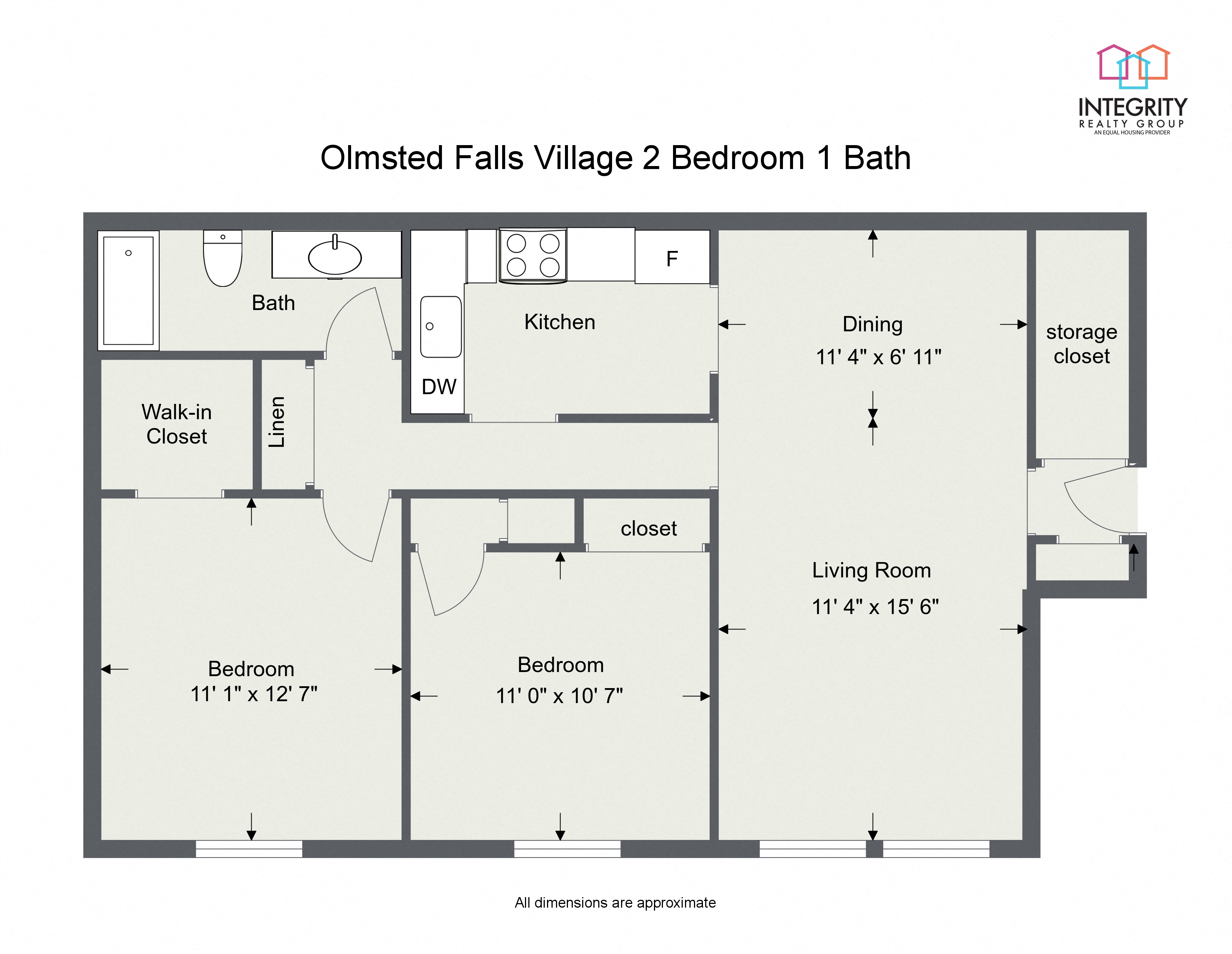 Floor plan for 2 beds, 1 bath, 1000 sqft
